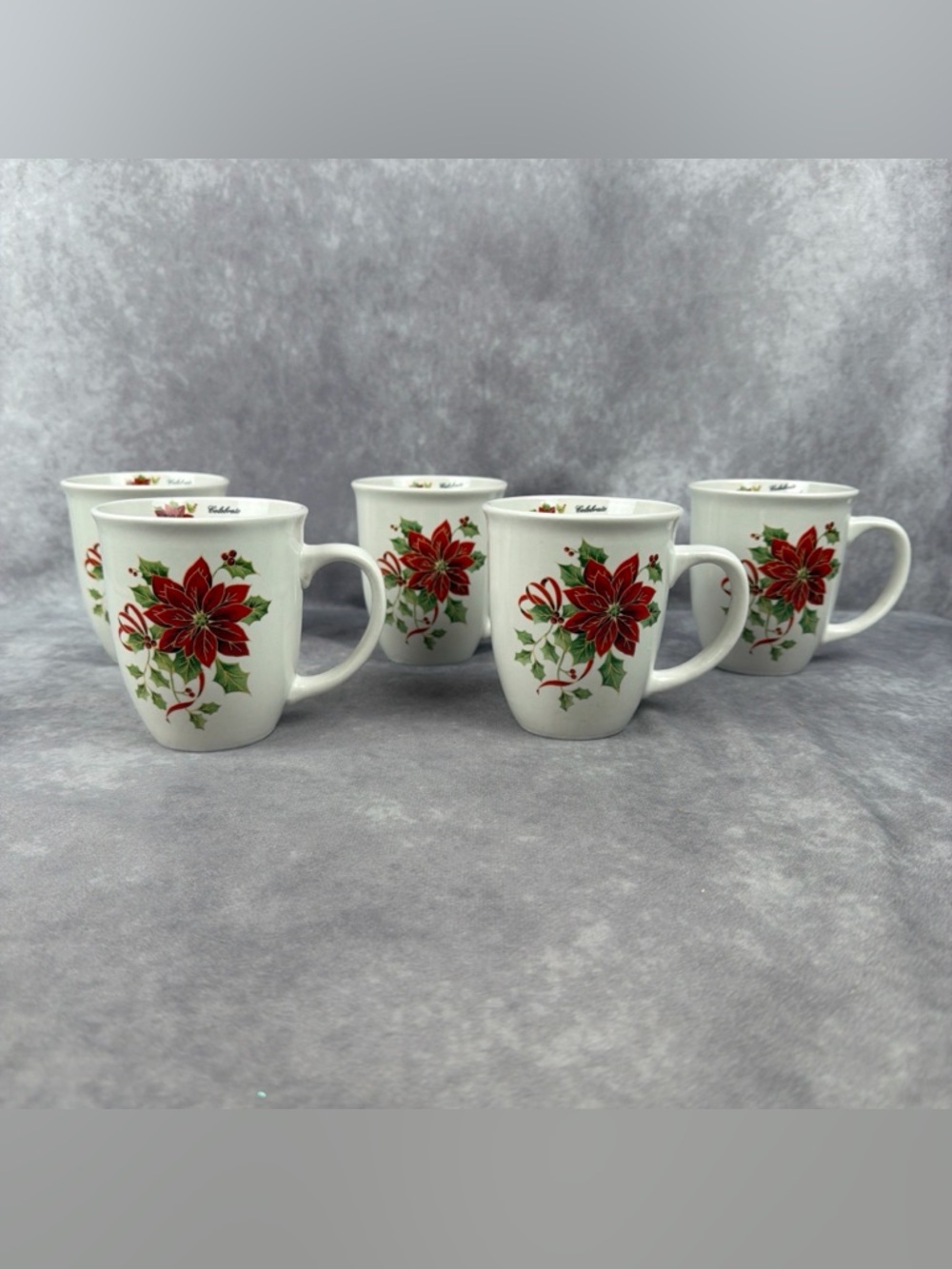 ATICO Celebrate Magic of Christmas Mugs Set 5 Holiday 12oz Poinsettia